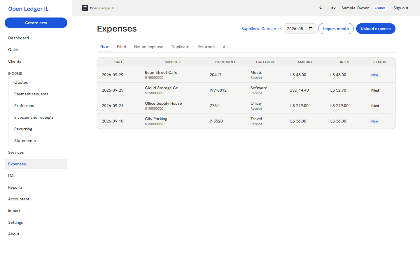 Expenses list with suppliers and categories