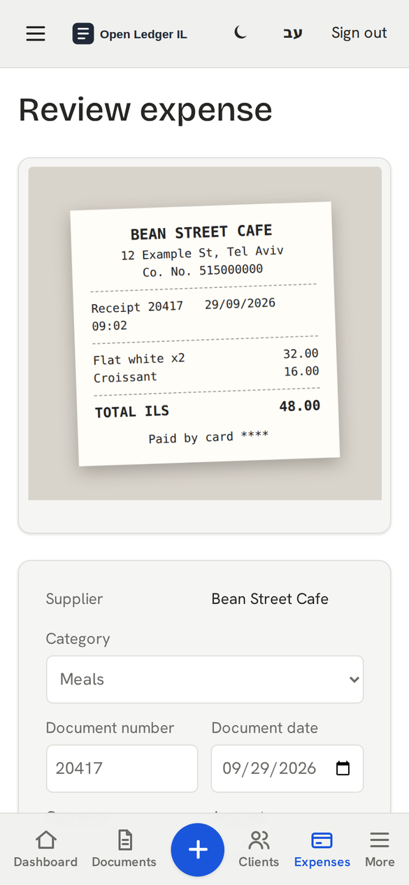 Expense review with the receipt photo and the fields Claude filled in